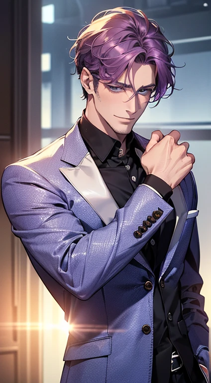 (best quality, masterpiece, 8K, photorealistic, cinematic lighting, 1:4 hdr image, ultra detailed, beautiful image), a mature man, 35 years very handsome, ((cold expression smile in love)), short purple hair, blue eyes, face perfect without mistakes, ((buttoning his jacket, CEO)), smile.
