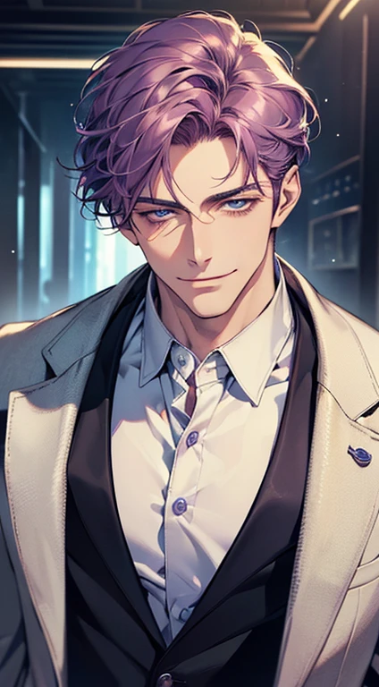 (best quality, masterpiece, 8K, photorealistic, cinematic lighting, 1:4 hdr image, ultra detailed, beautiful image), a mature man, 35 years very handsome, ((cold expression smile in love)), short purple hair, blue eyes, face perfect without mistakes, ((buttoning his jacket, CEO)), smile.