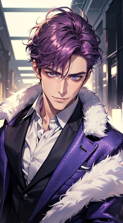 (best quality, masterpiece, 8K, photorealistic, cinematic lighting, 1:4 hdr image, ultra detailed, beautiful image), a mature man, 35 years very handsome, ((cold expression smile in love)), short purple hair, blue eyes, face perfect without mistakes, ((buttoning his jacket, CEO)), smile.
