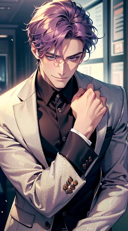 (best quality, masterpiece, 8K, photorealistic, cinematic lighting, 1:4 hdr image, ultra detailed, beautiful image), a mature man, 35 years very handsome, ((cold expression smile in love)), short purple hair, blue eyes, face perfect without mistakes, ((buttoning his jacket, CEO)), smile.