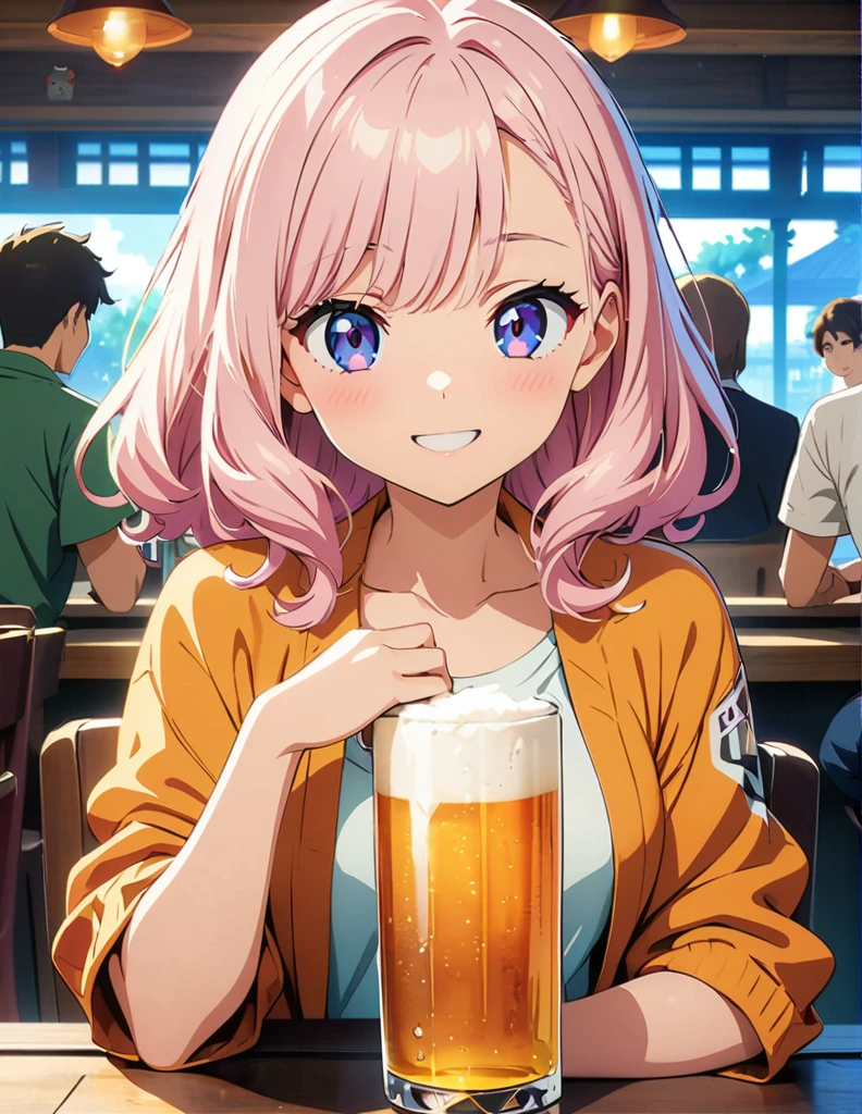 (anime artwork, anime style, studio anime, very detailed, up to date, vibrant, Anime Coloring, high contrast, masterpiece:1.2, best quality, best aesthetics),multiple girl,multiple boy,friend,drinking party,Japanese pub , Medium chest,random hair, perfect proportions, high detail skin, Cute, detailed faces, sit,happy smile, table chair,holding beer mug