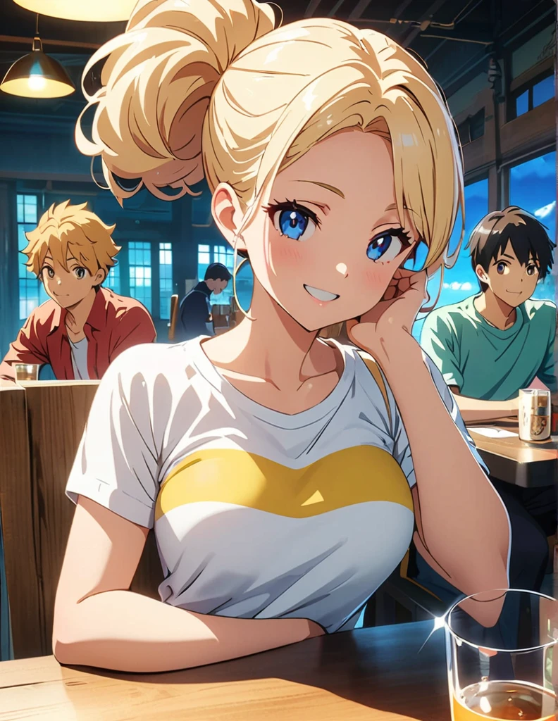 (anime artwork, anime style, studio anime, very detailed, up to date, vibrant, Anime Coloring, high contrast, masterpiece:1.2, best quality, best aesthetics),multiple girl,multiple boy,friend,drinking party,Japanese pub , Medium chest,random hair, perfect proportions, high detail skin, Cute, detailed faces, sit,happy smile, table chair,holding beer mug