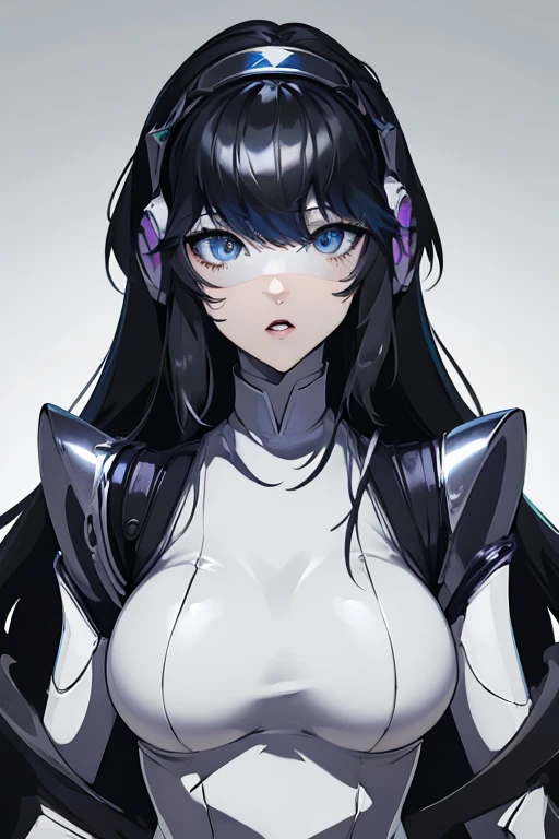 empty eyes,robotized woman ,big bust,Robot Joint ,Metal skin,Black Suit,long hair,a black suit that covers the whole body,aegis(persona3)