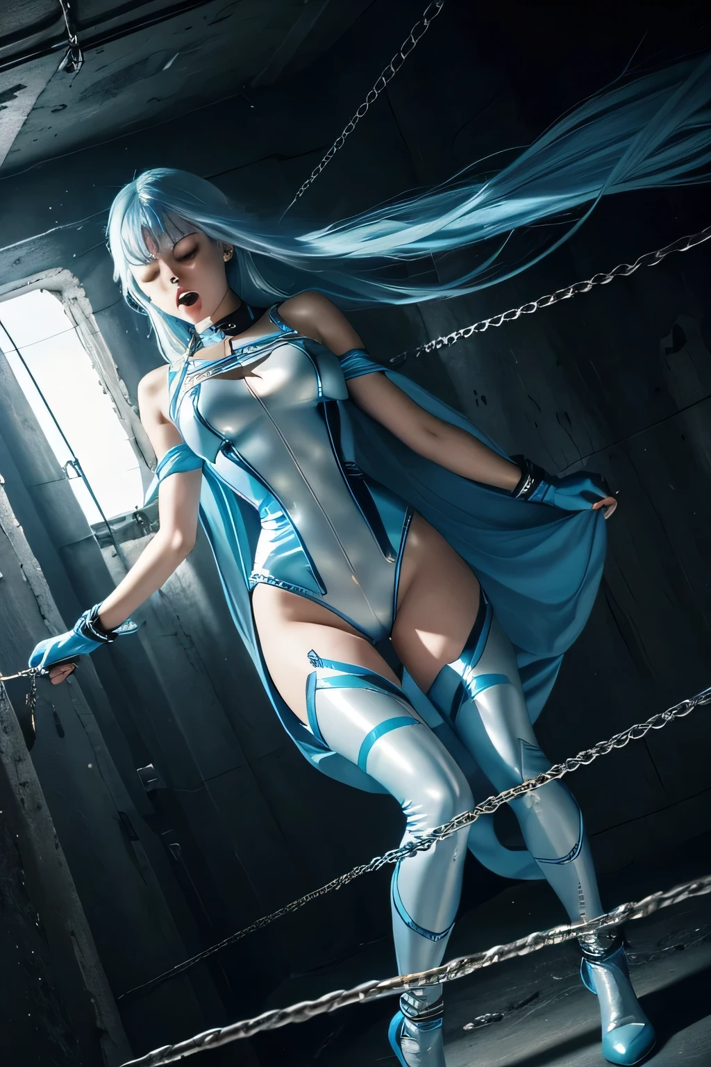 superheroine, long long gorgeous light blue hair, ((rough rope wrapped around body, tighten up)), latex, leotard, blue and white costume, captured, shibari, static restrained, ((arms behind back)), chained, rope bind, cruelly, painful, helpless, humiliating, regrettable, being whipped, (screaming in pain), kneeling, eyes closed, (being hit by waterfall, soaked), lean body back, choker, in underground cave, bondage