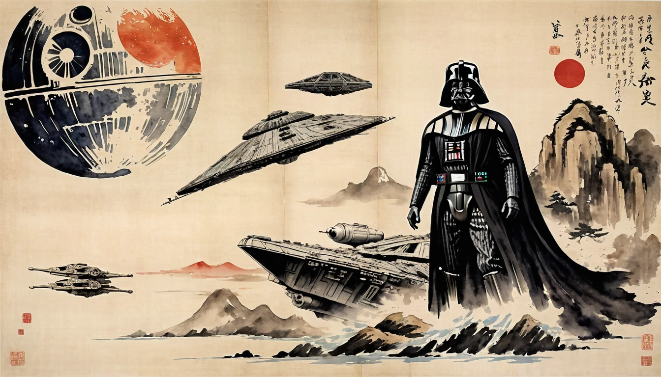 masterpiece,Darth Vader's upper body、Death Star、Millennium falcon、Japanese paintings drawn with ink and water,(Beautiful gradation created by layering),(Tarashikomi technique),(dynamic)、Ink Painting、Ukiyo-e、Chinese character、Faded、Movie Posters