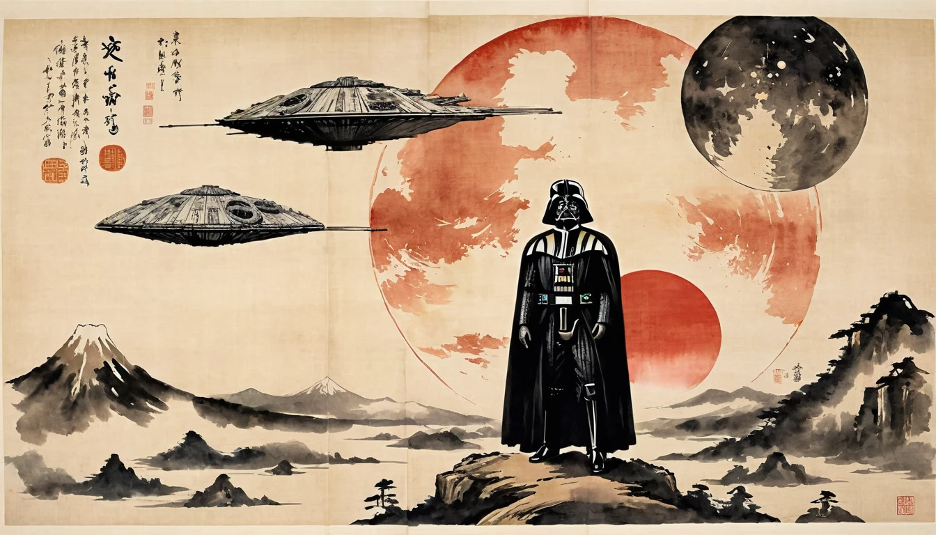 masterpiece,Darth Vader's upper body、Death Star、Millennium falcon、Japanese paintings drawn with ink and water,(Beautiful gradation created by layering),(Tarashikomi technique),(dynamic)、Ink Painting、Ukiyo-e、Chinese character、Faded、Movie Posters