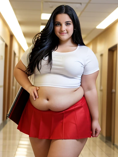 A beautiful 16 year old white girl with a very fat belly, long wavy black hair, very chunky legs and arms, in school hallway, wearing small white shirt and red skirt, round belly, small nose, curvy body, very fat, belly exposed, carry books