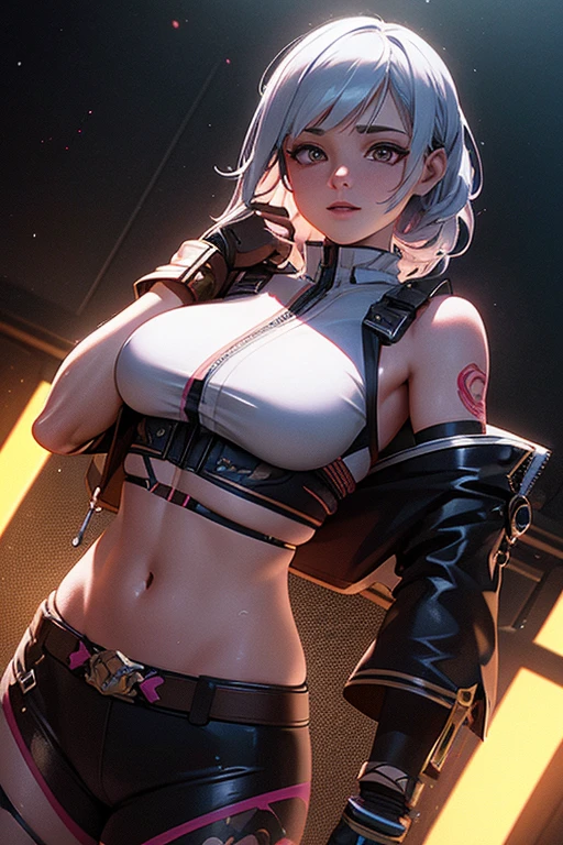 elf, red cheeks, detailed details (face, eyes, eyebrows, eyelashes) , fighting pause, official art, masterpiece, highest quality, portrait photo of one girl, -yeld gi wearing a fight girl(micro bikini, silver color, metallic, ) 8k, colorful, semi short hair, high resolution, ( butt:1.2)(headphones:1.2), (excellent rendering, stands out in its class), (great detail, good lighting, wide angle), breasts (0.5), plump thighs, absolute area, detailed background, white veil,