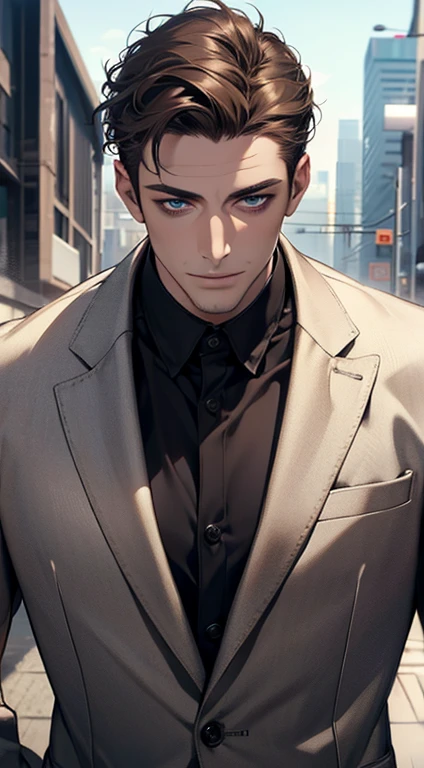(best quality,4k,8k,highres,masterpiece:1.2),ultra-detailed,(realistic,photorealistic,photo-realistic:1.37),1 man,31 years old,mature man,very handsome,without expression,smile,short grey brown hair,blue eyes,penetrating gaze,perfect face without errors,imposing posture,businessman,office background,cinematic lighting,hdr image
