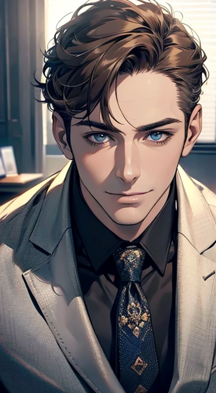 (best quality,4k,8k,highres,masterpiece:1.2),ultra-detailed,(realistic,photorealistic,photo-realistic:1.37),1 man,31 years old,mature man,very handsome,without expression,smile,short grey brown hair,blue eyes,penetrating gaze,perfect face without errors,imposing posture,businessman,office background,cinematic lighting,hdr image