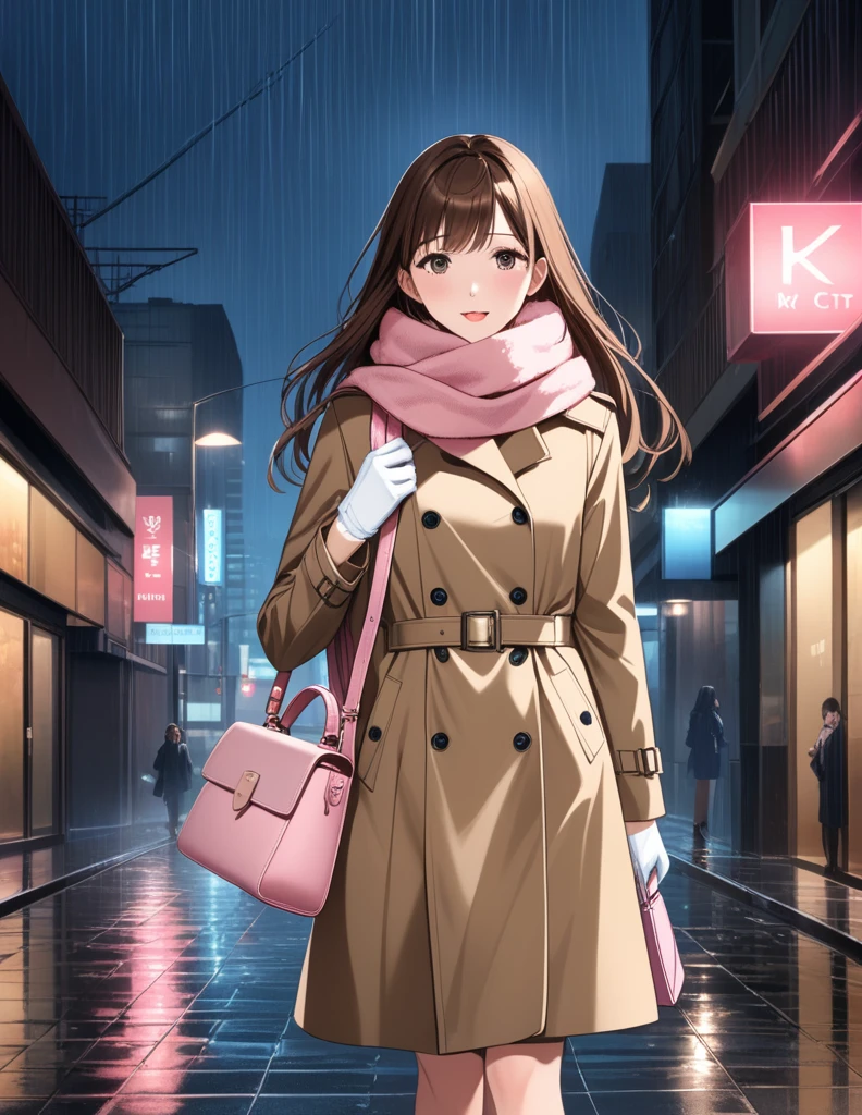 Masterpiece, hd, 1girl with long brown hair wearing a fully buttoned up closed and beige belted buckle knee-length trench coat with a tucked up large pink winter wool scarf and white gloves carrying her large pink purse blown by the hard wind at the hard rainy night city street full body 8k)