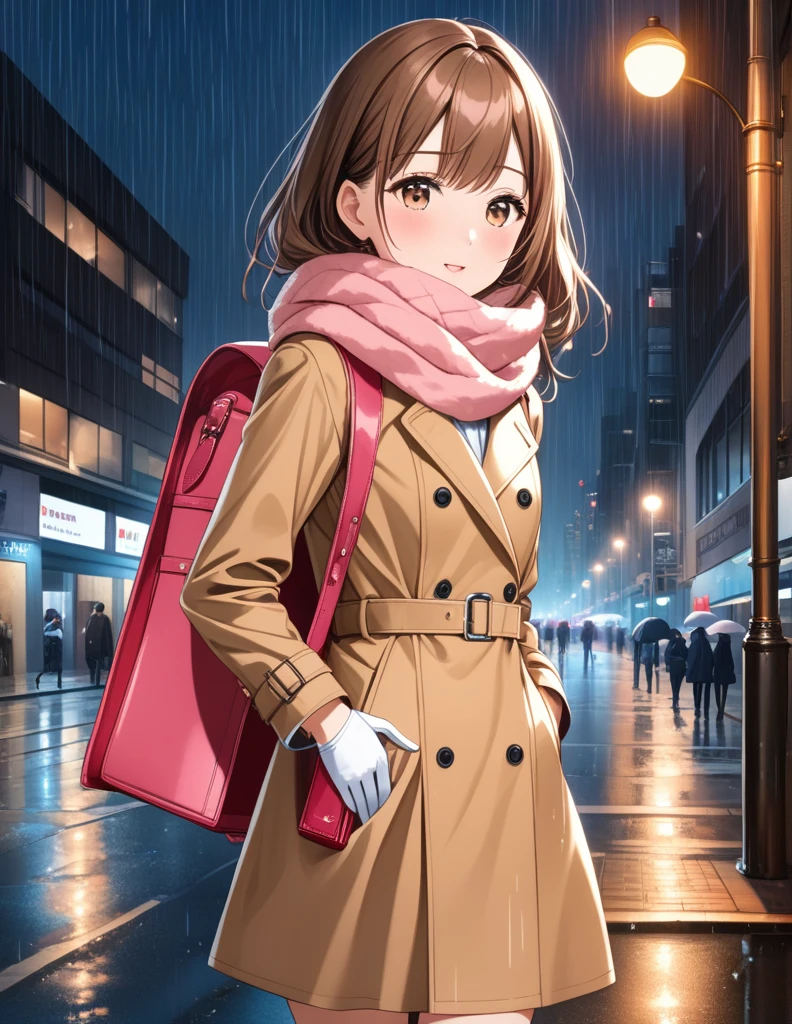 Masterpiece, hd, 1girl with long brown hair wearing a fully buttoned up closed and beige belted buckle knee-length trench coat with a tucked up large pink winter wool scarf and white gloves carrying her large pink purse blown by the hard wind at the hard rainy night city street full body 8k)