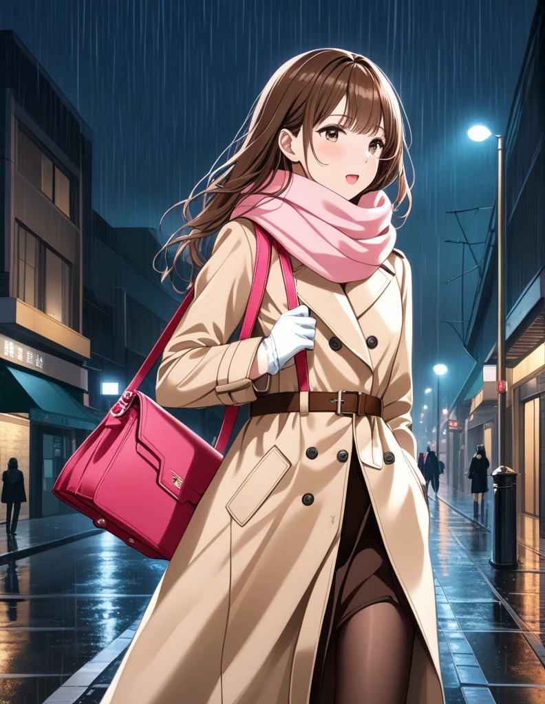 Masterpiece, hd, 1girl with long brown hair wearing a fully buttoned up closed and beige belted buckle knee-length trench coat with a tucked up large pink winter wool scarf and white gloves carrying her large pink purse blown by the hard wind at the hard rainy night city street full body 8k)