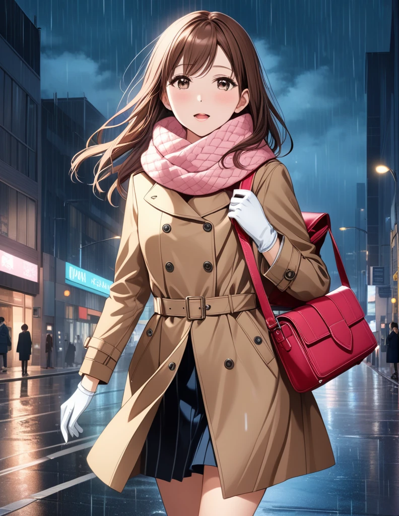 Masterpiece, hd, 1girl with long brown hair wearing a fully buttoned up closed and beige belted buckle knee-length trench coat with a tucked up large pink winter wool scarf and white gloves carrying her large pink purse blown by the hard wind at the hard rainy night city street full body 8k)