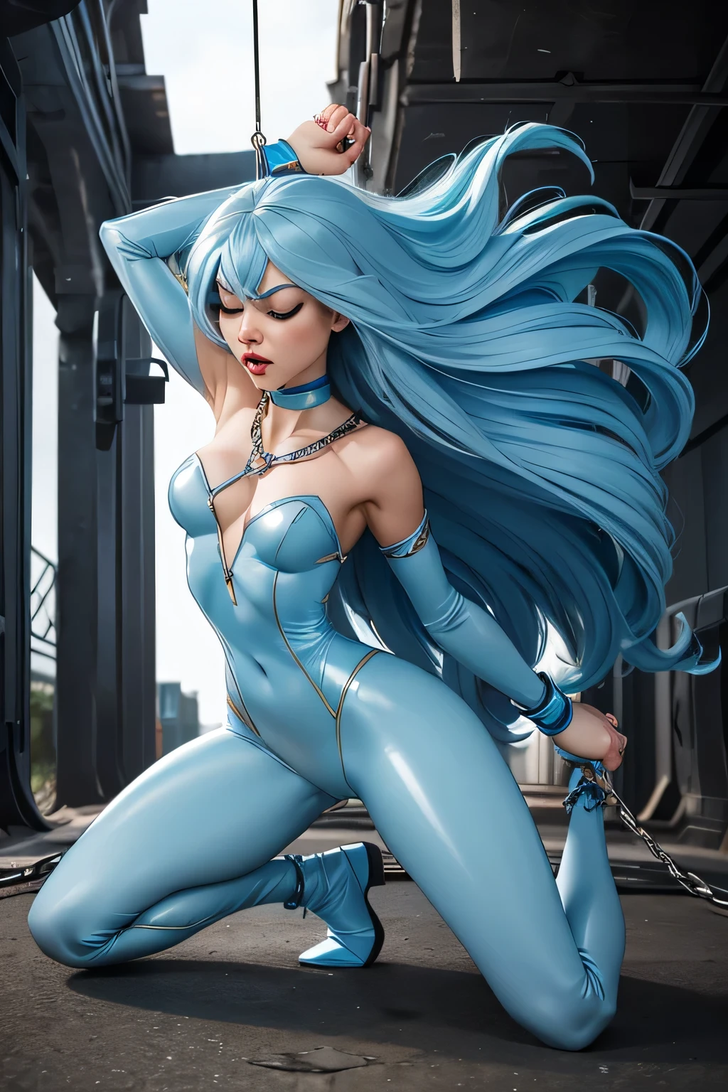 superheroine, long long gorgeous light blue hair, slender body, latex, leotard, blue and white costume, captured, chains cling to body, ((be whipping now)) cruelly, (painful), helpless, slavery, (screaming in pain) ,holding on, lying face up, eyes closed, hair swaying, in underground base, full body shot, dramatic angle