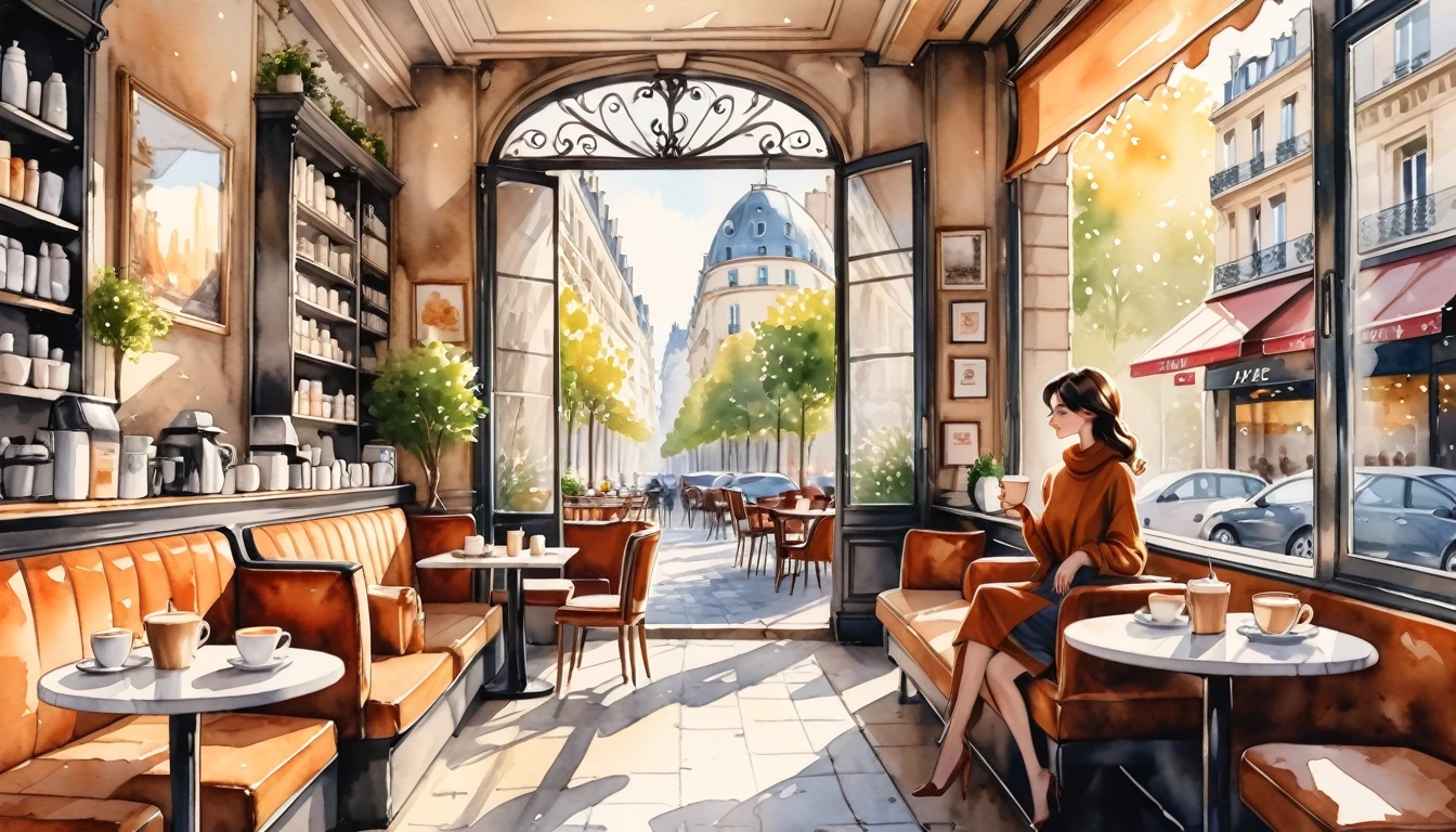 A very beautiful woman is alone, sipping warm coffee at a chic cafe in Paris in the morning. The shop is bustling with customers Refreshing sunlight from the morning sun streams into the cafe through the window. Highest quality 8k Watercolor art Ink illustrations