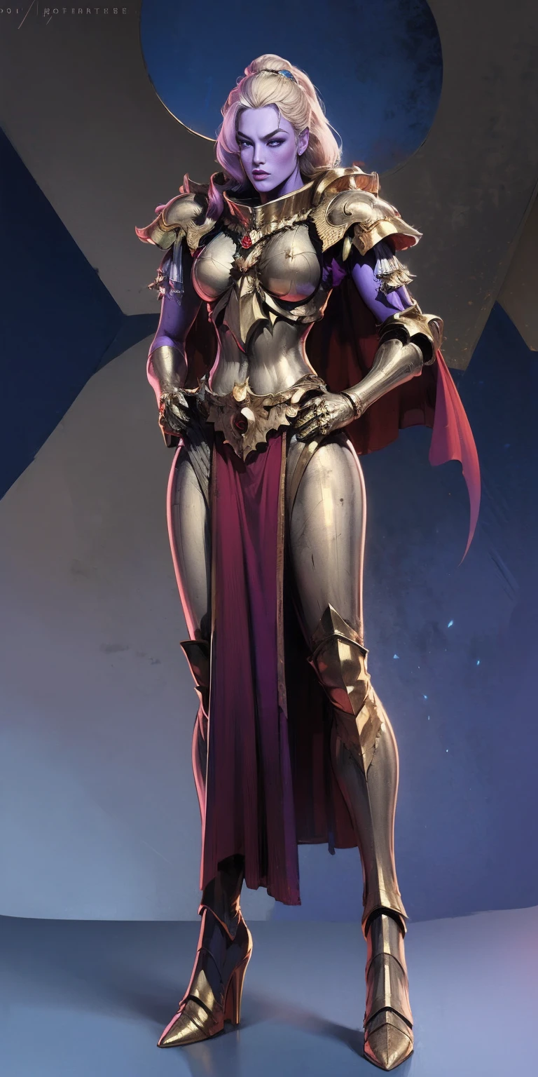 masterpiece, best quality, high quality, pale hair, red eyes, purple skin, deep blue cape with golden ornaments (1solofemale full body standing straight symmetrical, hands on hips)