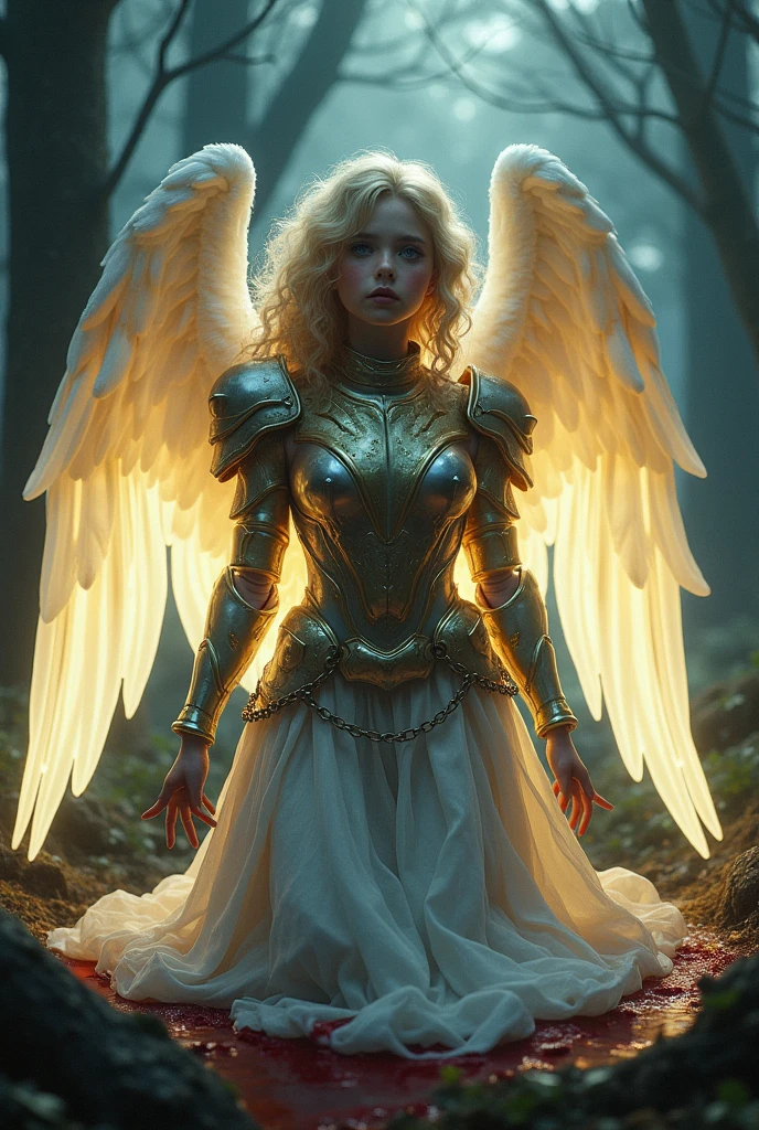 1 blonde girl, perfect face, cute face, inocente face, blue eyes, blonde hair, curly hair, large hair, angel with giant wings, white glow wings, Broken gold and silver armor, Celestial sword, Body tied with chain, Bleeding out, Kneeling head down, crying, another dead angel, Thrown in blood, Dark forest, gloomy trees, Terror, gloomy atmosphere Dark forest, gloomy trees, ((Body tied with chain)) , Bleeding out, Kneeling head down, Lost look, another dead angel, Thrown in blood, Terror, gloomy atmosphere, lw, Power_suits, mechanical armor, mechanical wings, ((((gold glow)))), ((Attacked by a sexual monster )), sexual slave, nsfw