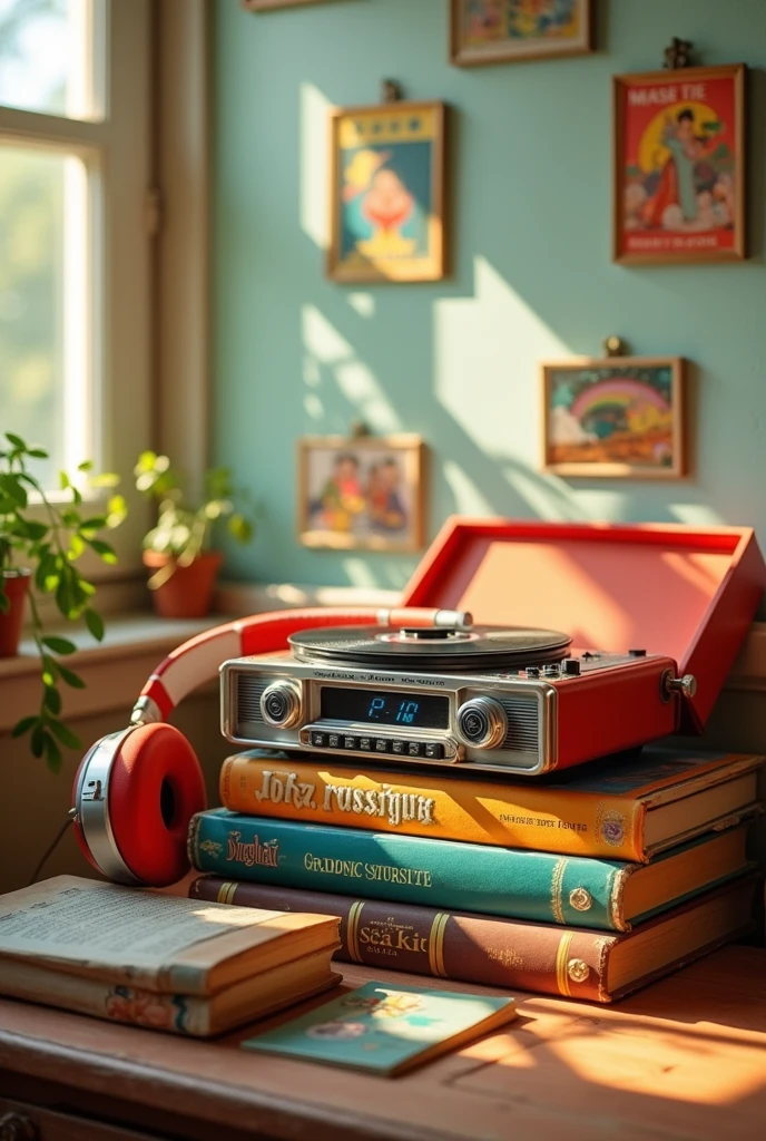 A cassette record player and some headphones and some books next to it if, with illustrated colors