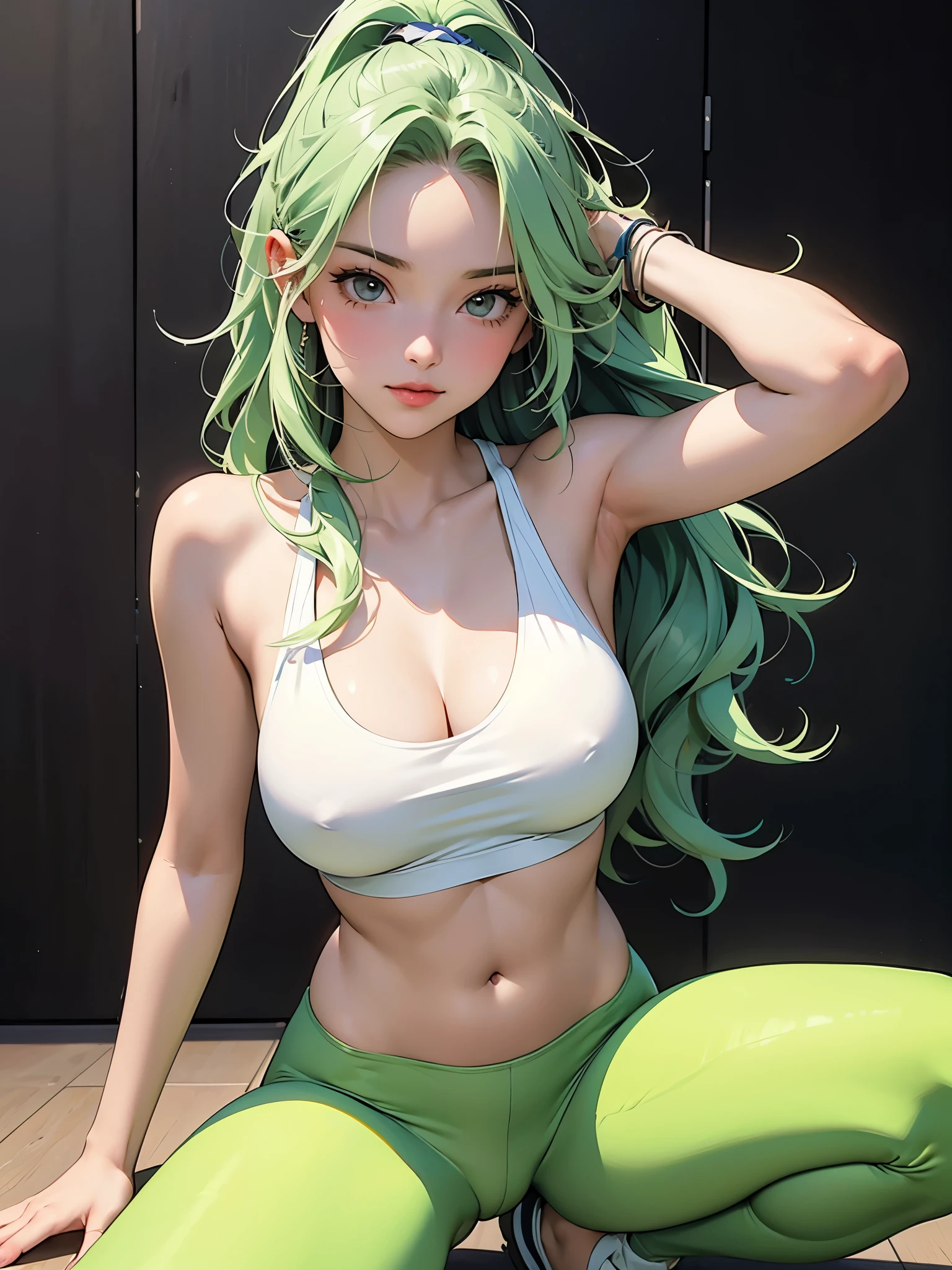A fit young woman in her 20s. wearing a white sports bra and green yoga pants. She has long, wavy green hair flowing down.
}no background. on the stage. huge boobs looking at the camera,she is walking ."The model is sitting on the floor with one knee bent and the other leg extended, One hand is on the ground for support, the other is running through her hair, She's sending seductive glances toward the camera."