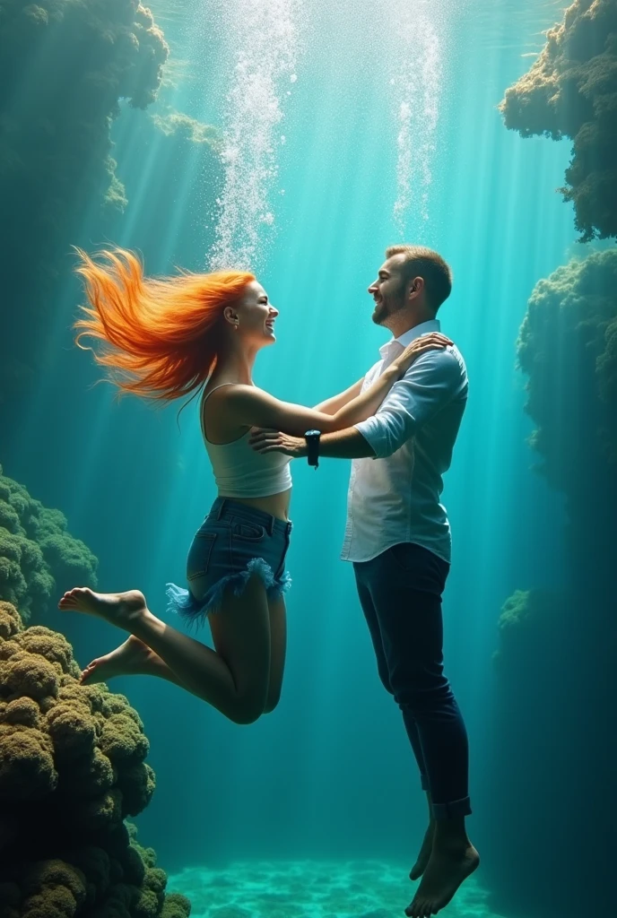 a smiling woman with orange hair holding a man underwater with her hand