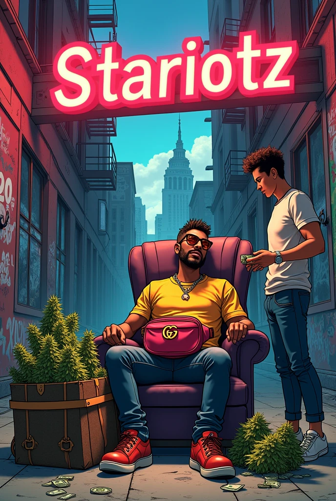 An animated cartoon image of a person with a Gucci fanny pack sitting on a chair in a high-rise ghetto settlement, and next to the person are 20 kilograms of cannabis in large Louis Vuitton bags. Beside the person is another person who is standing and giving money to the first person. The image should have "Stariotz" written in large letters. 