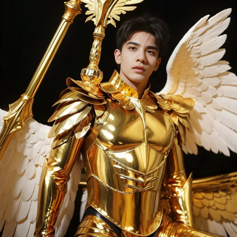 Arafeth boy in golden attire with wings and a sword, Angelic golden armor, majestic full-length angel, archangel, winged boy, Angel in golden armor, eros, archangel michael, winged man, Epic angel wings, eros and thanatos, Wings of the great angel, Golden Wings, Young Angel Wang, An attractive male deity , nsfv , details , Watching the audience True light and shadow 8K , whole body , buttock , Erotica , puffy nipples, puffy nipples,big nipples ,fat buttock , Gluteal fold