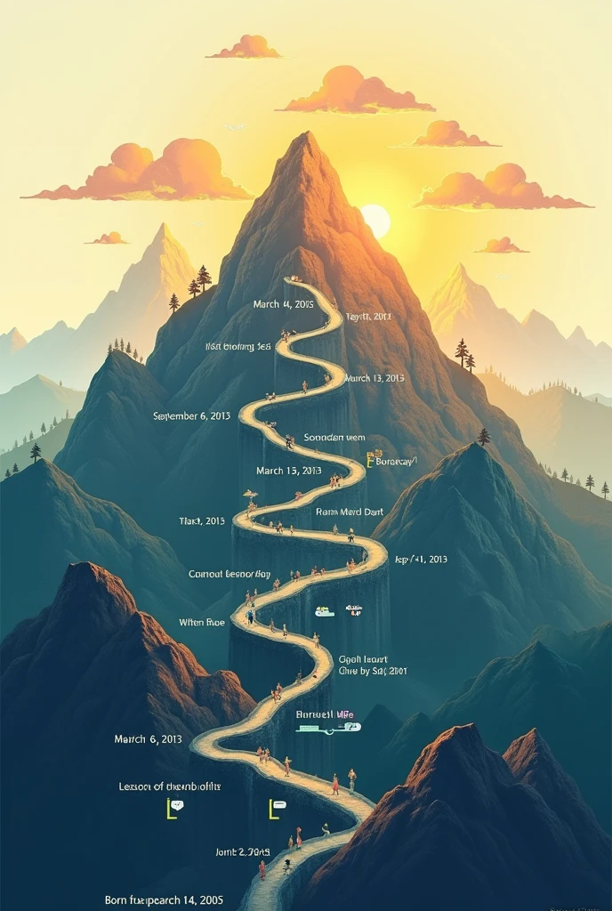 be creative making graphic lifeline 1. Start with the Base of the Mountain: At the base, write "Born on March 14, 2005." Use a simple icon like a baby or a cradle. 2. Create the Ascent: As you move up the mountain, place milestones along the path: March 6, 2012: My mom passed away (sad) - use a symbol like a broken heart. September 12, 2013: We visited Boracay (happy) - use a sun or beach icon. Year 2016: My favorite aunt moved to Abu Dhabi (sad) - use a plane icon. March 30, 2020: I joined Divine Mercy (happy) - use a church icon. 3. Near the Peak: Continue placing milestones: September 18, 2021: My grandfather was admitted to the hospital (sad) - use a hospital symbol. Year 2022: I graduated from junior high school (happy) - use a graduation cap. October 7, 2022: My grandmother was diagnosed with liver cancer (sad) - use a medical icon. 4. At the Peak: Finally, reach the peak: February 2, 2023: I got exempted from the research defense (happy) - use a book or checkmark. February 9, 2023: My grandfather passed away (sad) - use a cross or tear. March 2023: My cousins and I reunited (happy) - use a group of people. March 11, 2023: I experienced my first heartbreak (sad) - use a broken heart. Year 2024: Finally healed and learned the lesson (happy) - place this at the peak with a sunrise or star icon. 5. Background and Details: Use a gradient background that starts darker at the base and gets lighter as you reach the peak. Add simple trees, clouds, or other natural elements to make it more visually appealing. heres the example of a life line