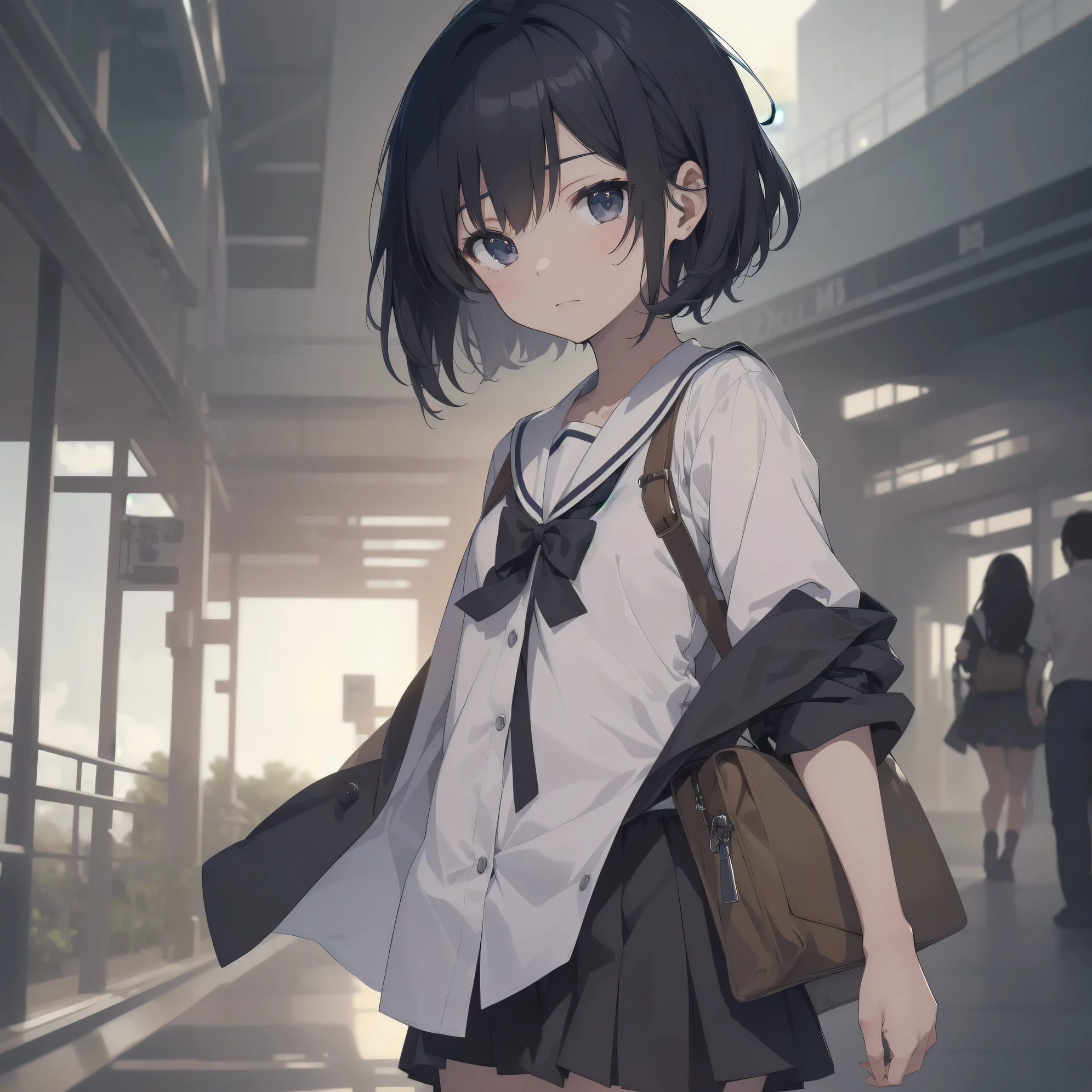 ultra-absurdres-Top quality by artist God, ultra-detailed, high resolution, anime moe artstyle, best anime 8k konachan wallpaper, pixiv contest winner, pool:2810, perfect anatomy,break, 1girl, (Please draw a girl walking sleepily to school alone. )break,(Solo,little female, 13-year-old:1.3),Full limbs, complete fingers,a junior high school student, (very short hair), short cut, flat chest, , small butt, small black eyes, beautiful detailed eyes, well-proportioned iris and pupils, expressive eyes, highres detailed hair, soft expression, salor school_uniform, sailor collar, serahuku, bow, pleated skirt,(Detailed Lighting), (Detailed background), in the School commute route. break,super detailed skin, Best cinematic lighting powered by famous artist, 8k,beauty illustration,photoshop_(medium),very aesthetic,break,((artist:rappa_(rappaya) )), artist:clamp ,artist:carnelian ,artist:kantoku ,