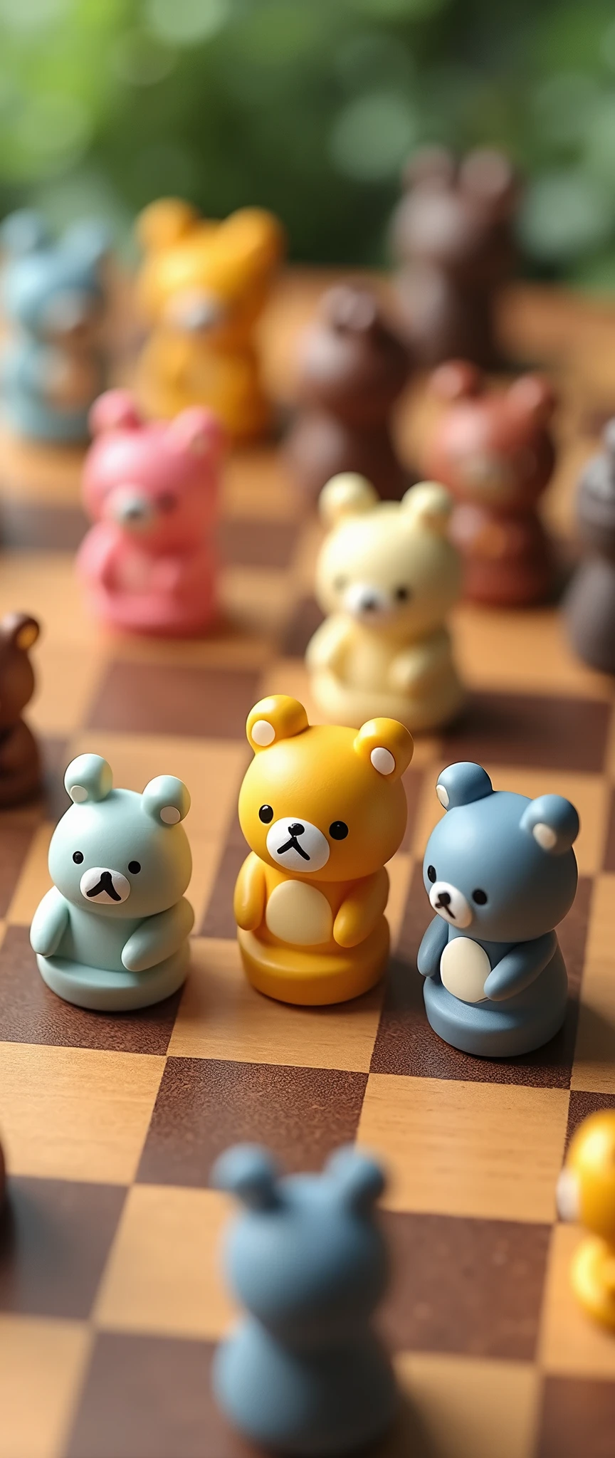 (masterpiece:1.2, Highest quality,Ultra-high resolution,Very detailed),8k,(wallpaper),(On the chessboard, Chess pieces with Rilakkuma-style animal motifs、Arranged in a square。.:2.0),(Isometric 3D Diorama:2.0)