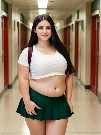 A beautiful white girl with a very fat belly, long wavy black hair, very chunky legs and arms, in school hallway, wearing small white shirt and red skirt, round belly, small nose, curvy body, very fat, belly exposed, carrying multiple books, wearing backpack