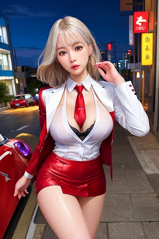 Highest quality,Ultra HD,8k,(Beautiful 25 year old Asian hit woman), (Silver Hair 1.8), (White skin), (Serious face), Red skirt suit 1.5, (((Three-piece suit))), (((Dress shirt))), (((tie))), blazer,(Thigh 1.2,Large Breasts), (((Red Suit Jacket))), Black shiny lapel, (((Bodycon mini skirt))), Tight Skirt, bare legs 1.2,Cufflinks, (Night city background), View from the front, Well-groomed and beautiful face 1.2, Dynamic pose, Ambient Lighting, Photographic realism, Intricate facial details, Exquisite handcrafted details, Very detailed, Vibrant colors, Cinematic, High resolution, Trending Styles Raw on Artstation, , Excited,