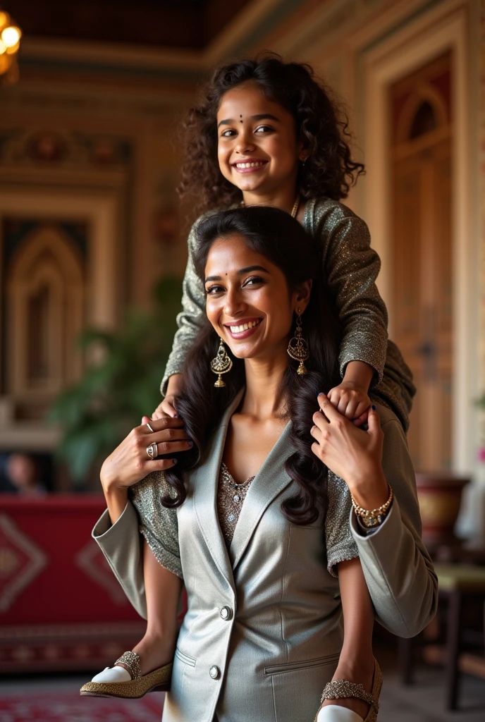 Create a photograph of a smiling and beautiful indian woman in silver satin suit carrying a large man on her shoulders , in a exotic room, man is sitting on woman's shoulders, woman standing at bottom, she is strong, man is happily sitting on woman's shoulders
