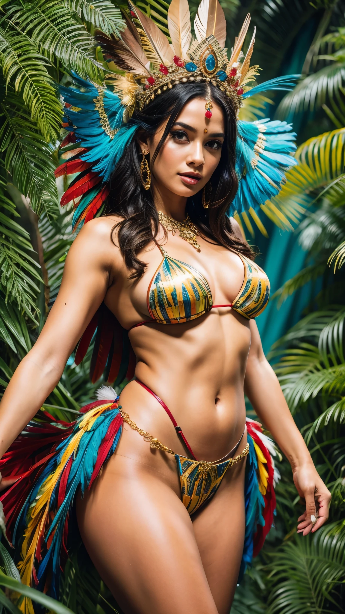 cinematographic, 4K High Definition, best of the best, The most beautiful beautiful woman, Amazonian Princess, wearing a bikini according to, headdress of parrot and macaw feathers, feather crown, lush body, perfectbody, lush body, painted body, ssmile
