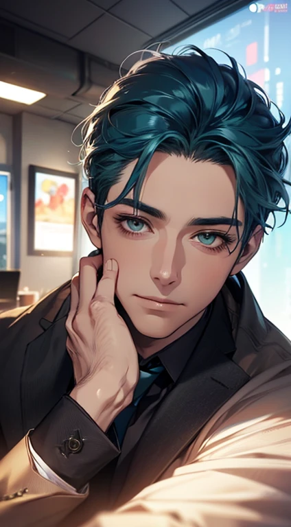 (Highest quality,4K,8K,High resolution,masterpiece:1.2),Super detailed,(Realistic,photoRealistic,photo-Realistic:1.37),1 person,34 years old,Mature Men,Beautiful skin、very handsome,Expressionless smile in love,Short blue hair,green eyes,Sharp Eyes,A perfect face without a doubt,Businessman, CEO, Office Background,Cinema Lighting,HDR image,tie、