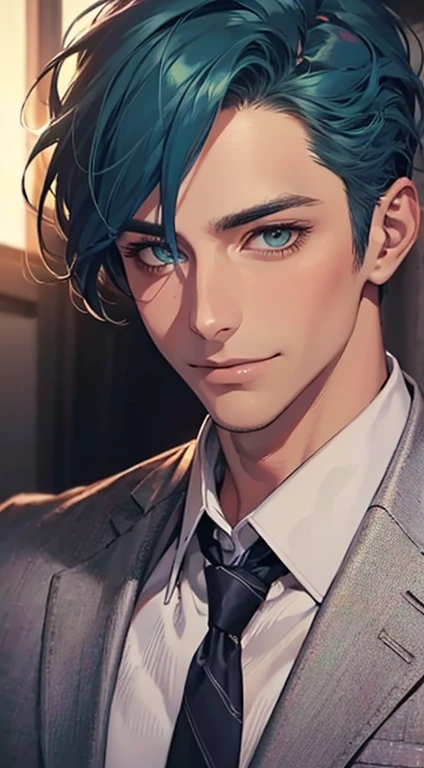 (Highest quality,4K,8K,High resolution,masterpiece:1.2),Super detailed,(Realistic,photoRealistic,photo-Realistic:1.37),1 person,34 years old,Mature Men,Beautiful skin、very handsome,Expressionless smile in love,Short blue hair,green eyes,Sharp Eyes,A perfect face without a doubt,Businessman, CEO, Office Background,Cinema Lighting,HDR image,tie、