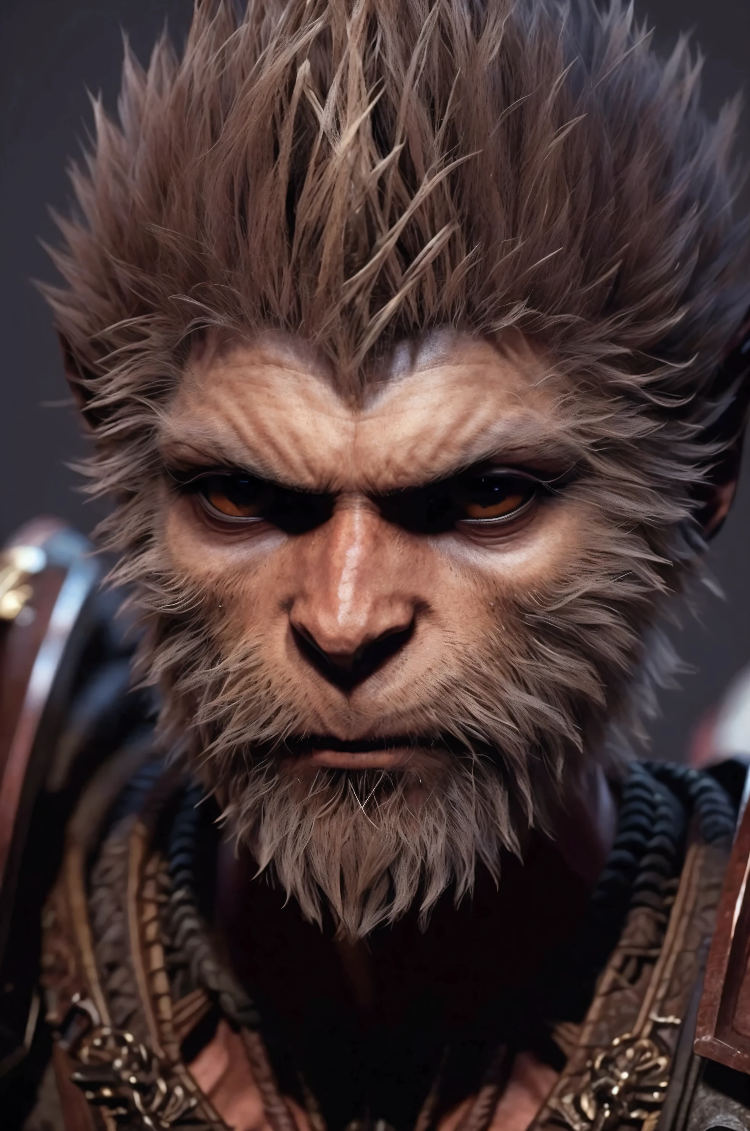 wukong \(black myth\),
1 boy, Solitary, Male focus, Delicate eyes, Shadowed side,
Fur chest, armor, Blue clothes, Scapula,
Unreal Engine, 8K, Super Detail,