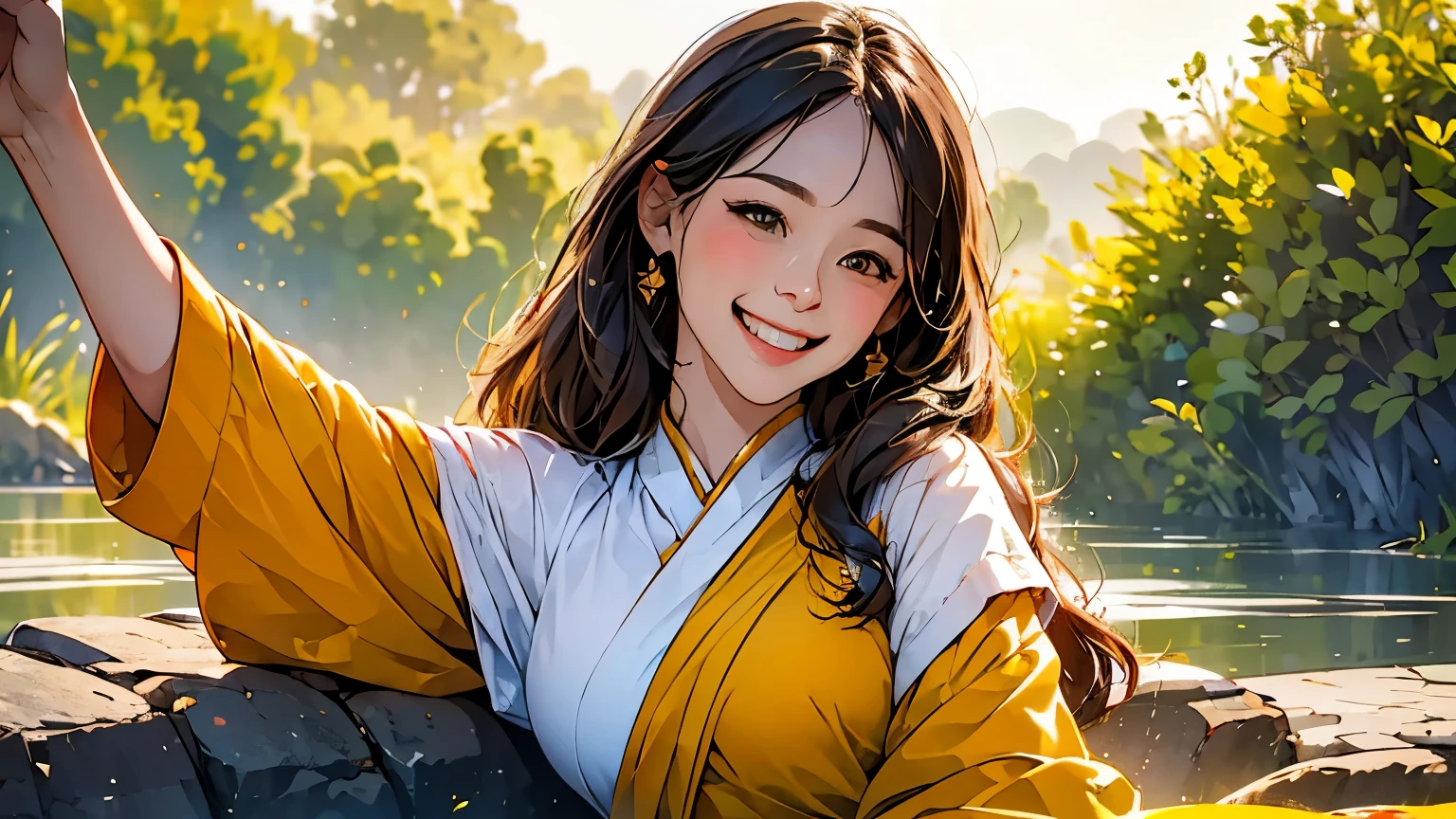 (in 8K、Maximum quality、Masterpiece artwork:1.2)、1womanl、(smiling grin:1.1)、beautiful eyes、valley、the upper part of the body、longye hair、as a 、longye hair、Green View、