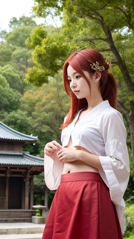 (Highest quality, Ultra-high resolution, Realistic, RAW Photos, Real person, Angle 1 from the front, slightly below.6, Realistic, Detailed skin, Fair skin, Beautiful attention to detail) ,((One Priestess)), (Shrine Maiden Outfit 2.0, White sleeves, Long scarlet skirt,Navel 1.2,(Hide your chest 1.3),Red head accessory:1.5) (Cute and well-defined face 1.2,Solemn,Idol Face) ,((Shrine background 1 in the evening.4)), Red Hair 1.3, Long Hair, Ponytail Break (Small breasts) ,profile, I&#39;m looking forward to (Ceremony at the shrine, Japanese lanterns in the background:1.4) break japanese, Japanese Idols,