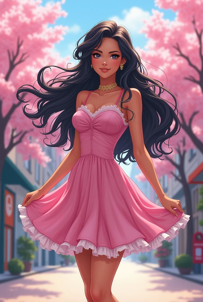 Latina anime beautiful woman with grey eyes and tan skin. She loves pink, dresses cute and has big boobs