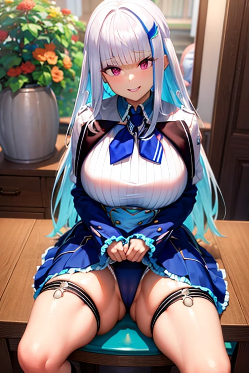 Highest quality, masterpiece,Big Breasts,Plump thighs,A seductive smile, Sit on a chair,Spread your legs,Blue Panties,