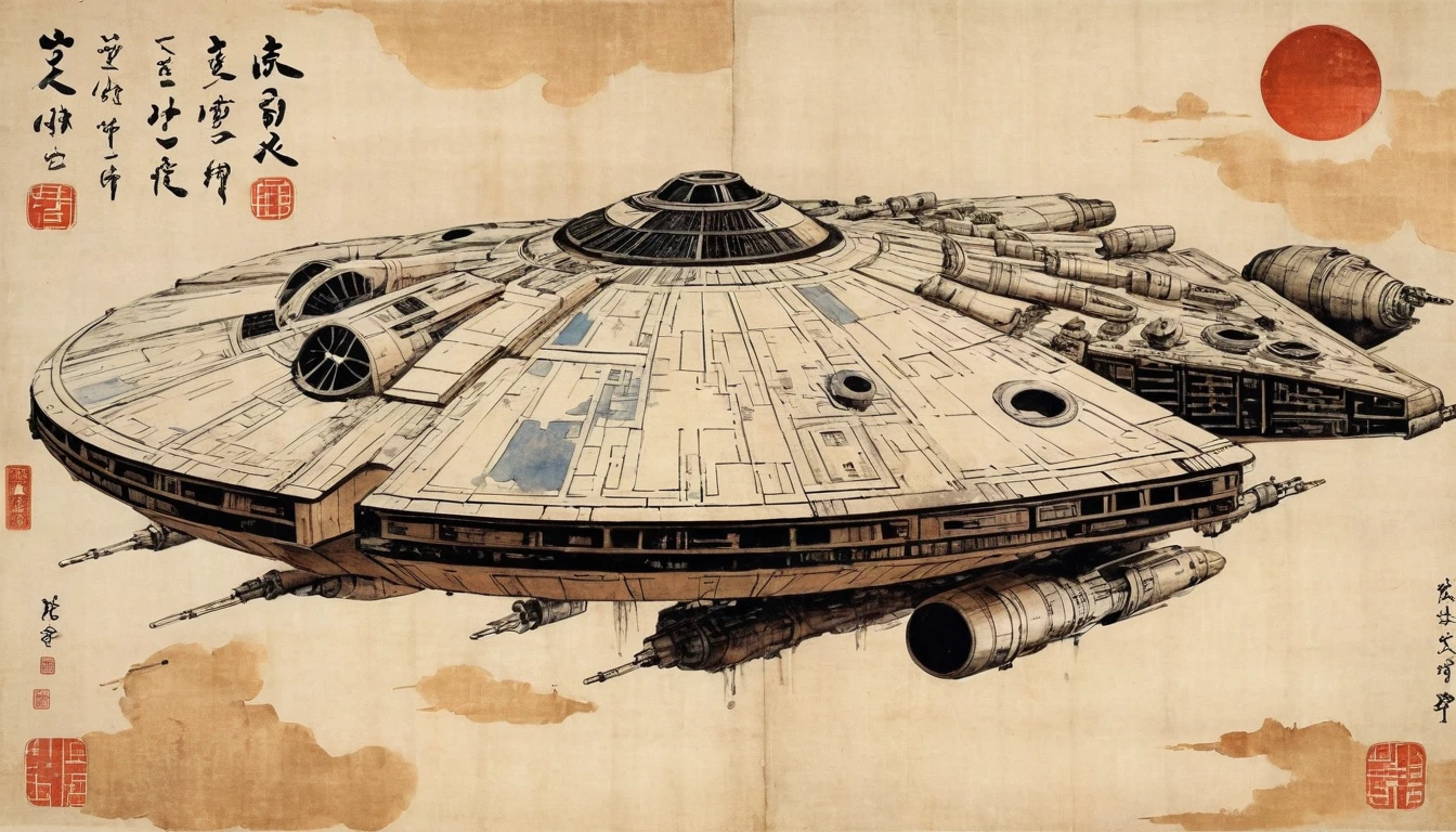 masterpiece,X-wing、Death Star、Millennium falcon、Japanese paintings drawn with ink and water,(Beautiful gradation created by layering),(Tarashikomi technique),(dynamic)、Ink Painting、Ukiyo-e、Chinese character、Faded、Movie Posters