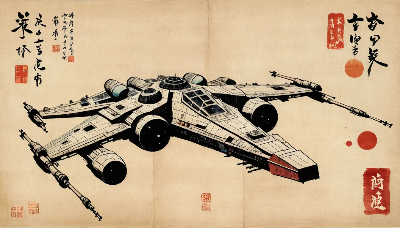 masterpiece,X-wing、Death Star、Millennium falcon、Japanese paintings drawn with ink and water,(Beautiful gradation created by layering),(Tarashikomi technique),(dynamic)、Ink Painting、Ukiyo-e、Chinese character、Faded、Movie Posters