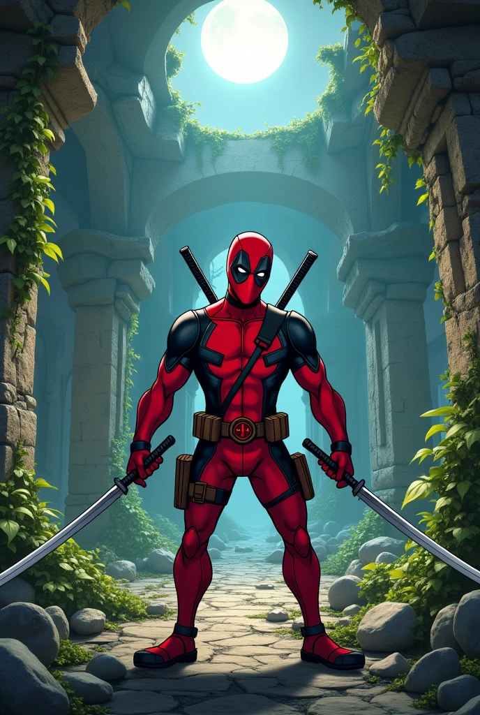 Deadpool animated in abandoned ruins