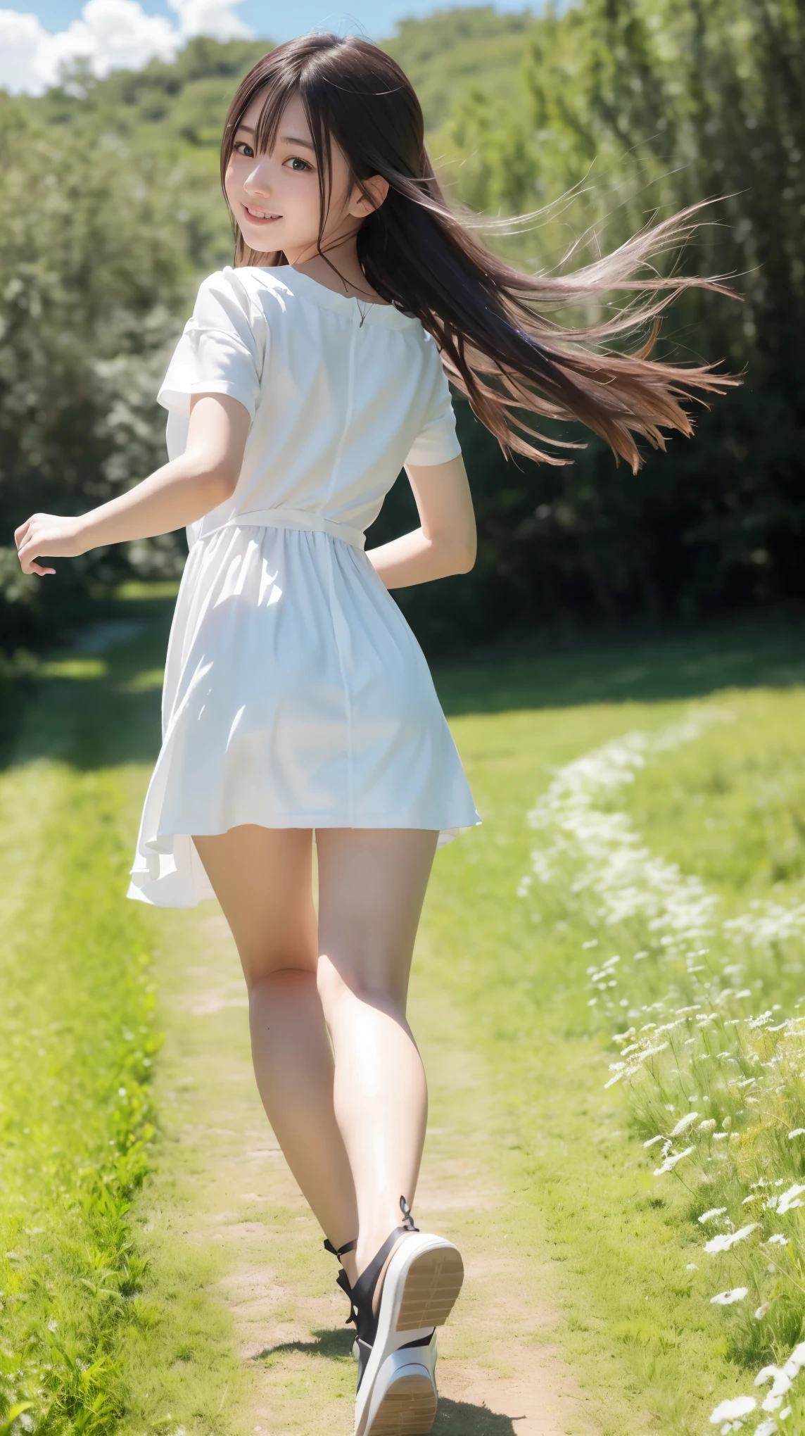 Her hair is black and short、 years、Small face、Watery eyes、Natural Makeup、(Rear view、Buckshot、Chasing after her from behind)、((She turned around:1.3、Look straight at your audience))、A light smile、Her face is round and cute、(My hair and dress are blowing in the wind.)、Small feet、White Sandals、Ribbons on the ankles、(running in the meadow と:1.3)、scene:There is a beautiful scene floating in the background.、blue sky, White cloud, Green meadow and colorful flowers、The scene is softly painted like a watercolor painting.、that'What a wonderful atmosphere!、The scene expresses the imagination and sensibility of the girl ,more_become close:1.5, (More and more_become close:1.9)、(((Off-the-shoulder knit dress)))、Floral、(Detailed eyes and face:1.2, Professional photography techniques)、(The right move)