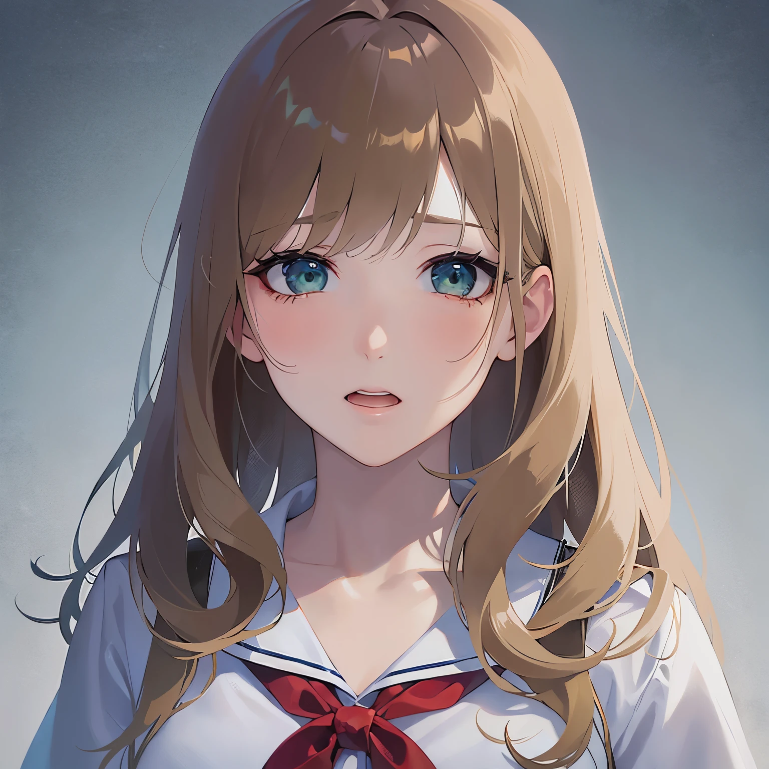 Biologically correct five fingers、Upper Body, Realistic, real person, (pale skin: 1.2), RAW photo, photorealistic, shiny skin, shiny hair、 (A 15-year-old female with medium length hair and bangs) and (wavy hair) and (Blonde Hair) and (green eyes), BREAK sailor suit, white collar, white shirts,red ribbon BREAK、tears, (sad:1.2), open mouth, The background is a park、(alone:1.5)
