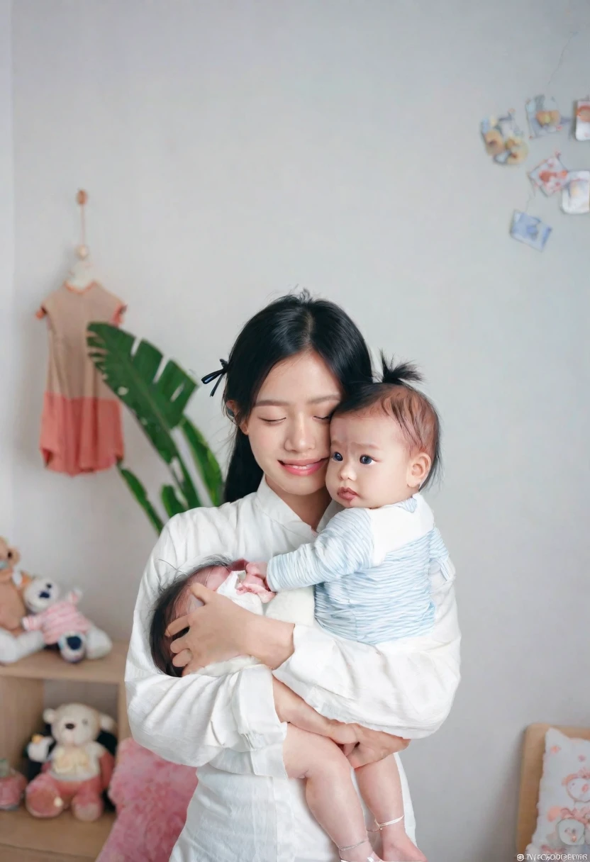 cewek indonesia, usia 25 tahun, wear simple clothes, hair tied, holding a 1 year old baby, in the room