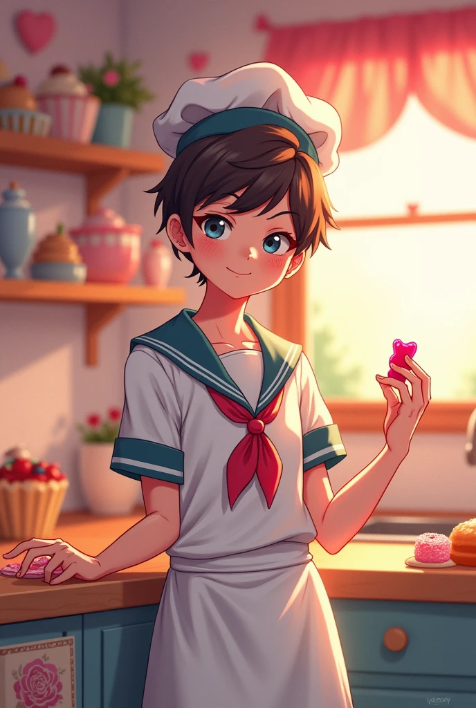sexy man, pastry chef, eating gummy bears, anime, flirtatious, with a chef's hat, with freckles and sailor clothes