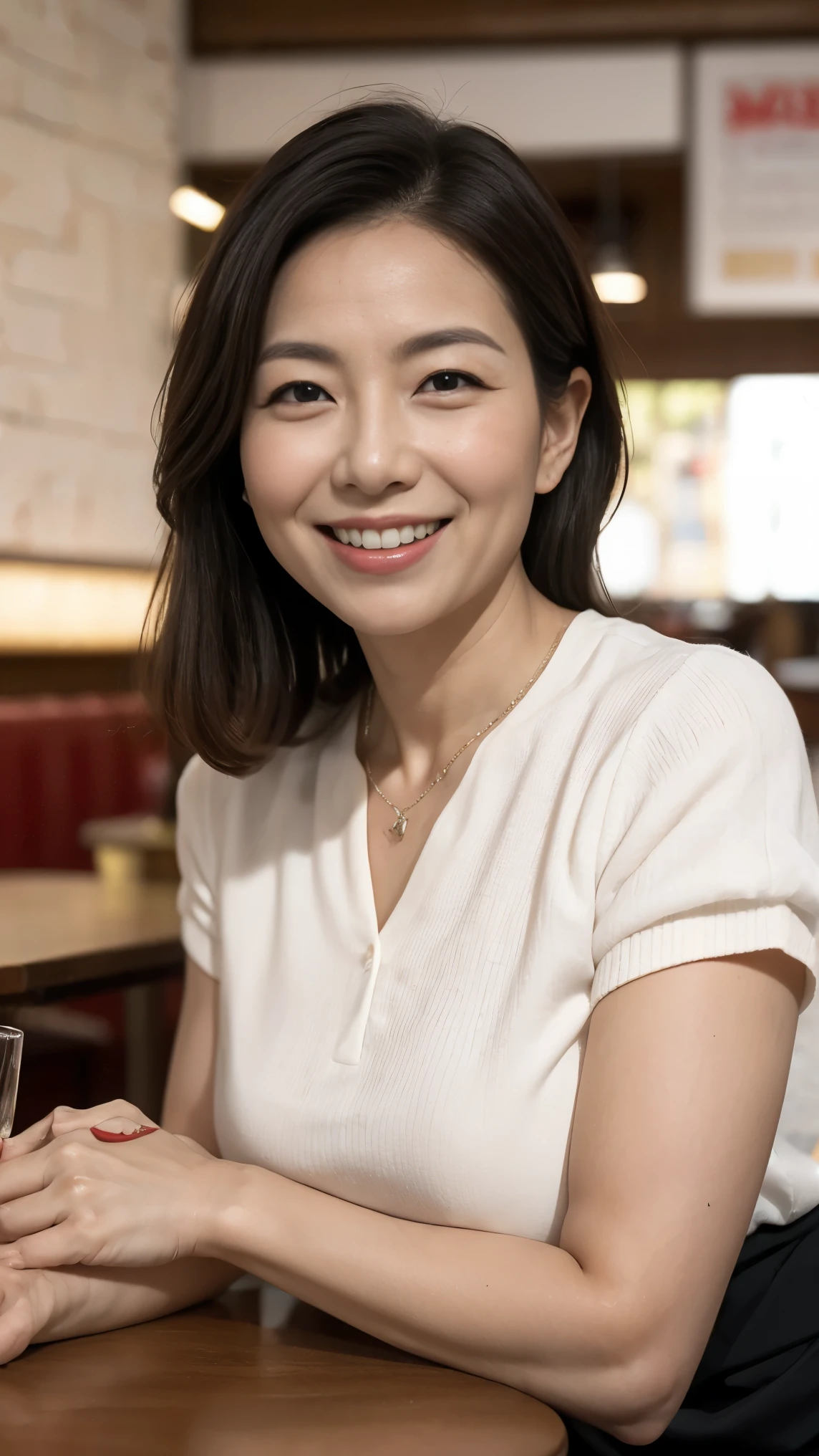 8k wallpaper, masterpiece, Highest quality, Very detailed, One Mature Woman, 50 years old, Become very clear, Wearing a short-sleeved knit, Skin dents, Captivating smile, Looking at the audience, No lapel microphone, Plump, Curvaceous, Attractive face, Smiling with teeth showing, I was happy, sitting in a cafe, Background Blur