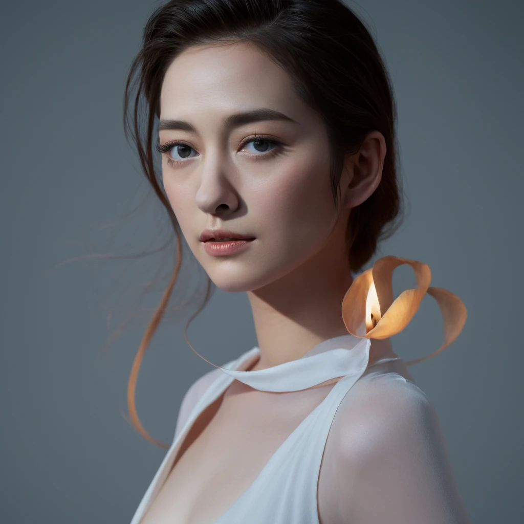 1girl, quite a bit body, hyperrealistic digital render art of a beautiful gorgeous young cute Asian woman, 24yo., looking at viewer, detailed face, Realistic texture human skin, bright glowing face, curved eyebrows, droopy hooded eyes, low nasal bridge, wavy nose, wind tousled bob hair, (((young Marion Cotillard  blended face mixed with young Anne Hathaway))), emerging from the heart of a large glass rose. Its petals, shimmering like teardrops in the moonlight, unfurl to reveal her ethereal form. Her long hair flows like shadows, cascading around her like liquid night, illuminated by the soft glow emanating from the glass rose. enduring power of nature.white body suit